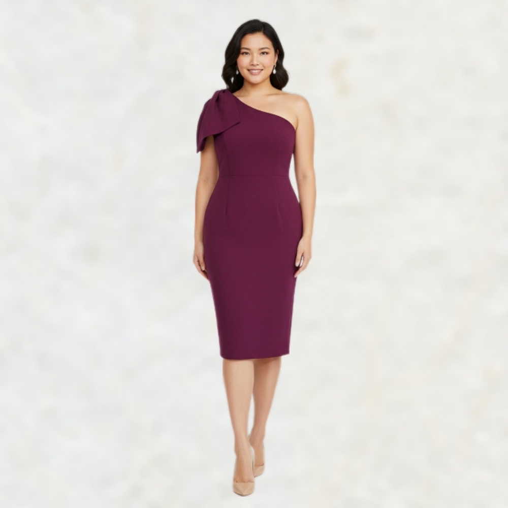 Dress the Population Tiffany Bow One Shoulder Midi Dress Burgundy Plum XXL